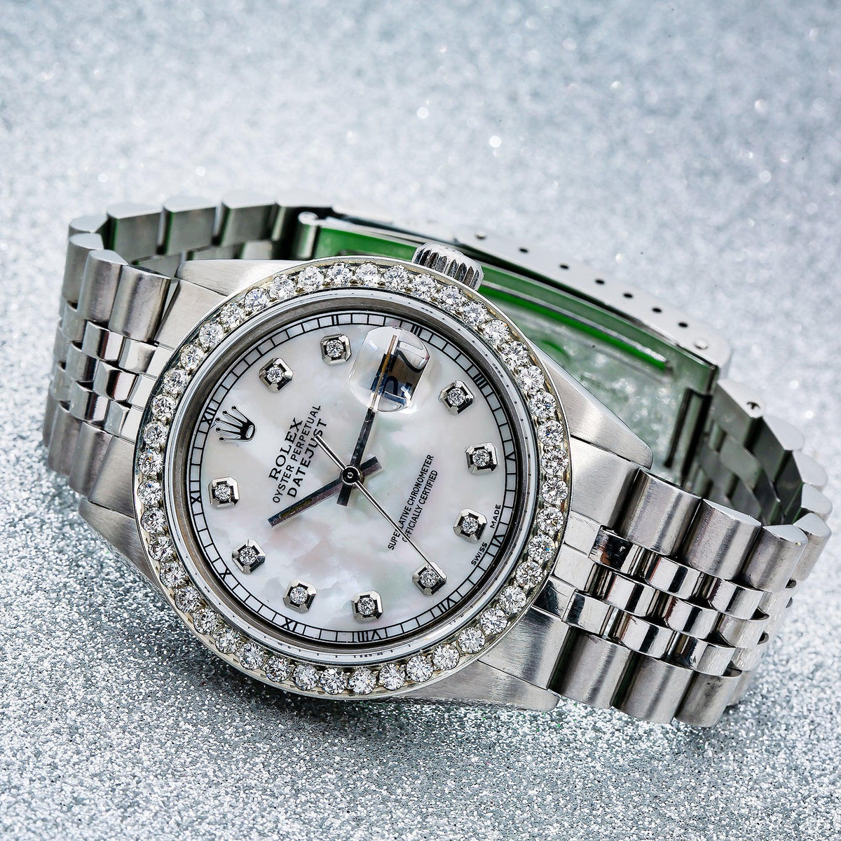 Pre-Owned Rolex Datejust 36MM 1601 White Mother of Pearl Diamond Dial Diamond Bezel Stainless Steel Jubilee Bracelet 1.25ct
