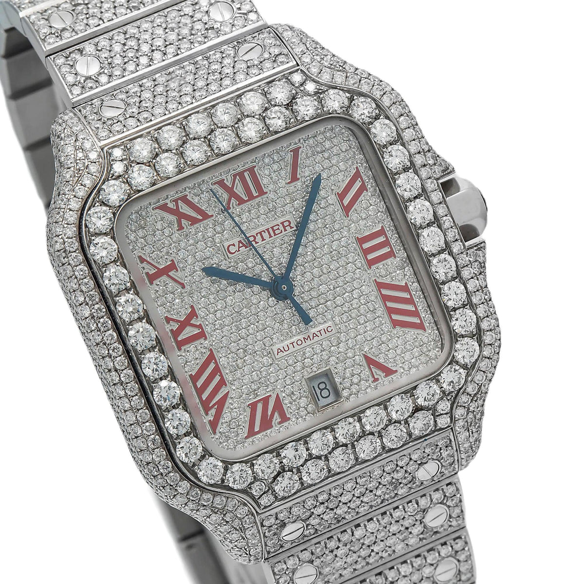 Pre-Owned Cartier Santos 35.1MM WSSA0029 Diamond Paved Roman Dial Diamond Bezel Stainless Steel Full Diamond Bracelet