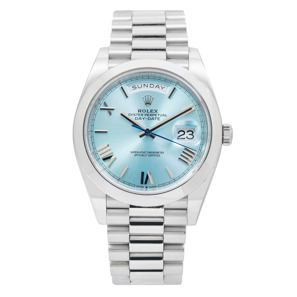 Pre-Owned Rolex Day-Date 40MM 228206 Ice Blue Roman Dial Platinum Smooth Bezel Platinum President Bracelet