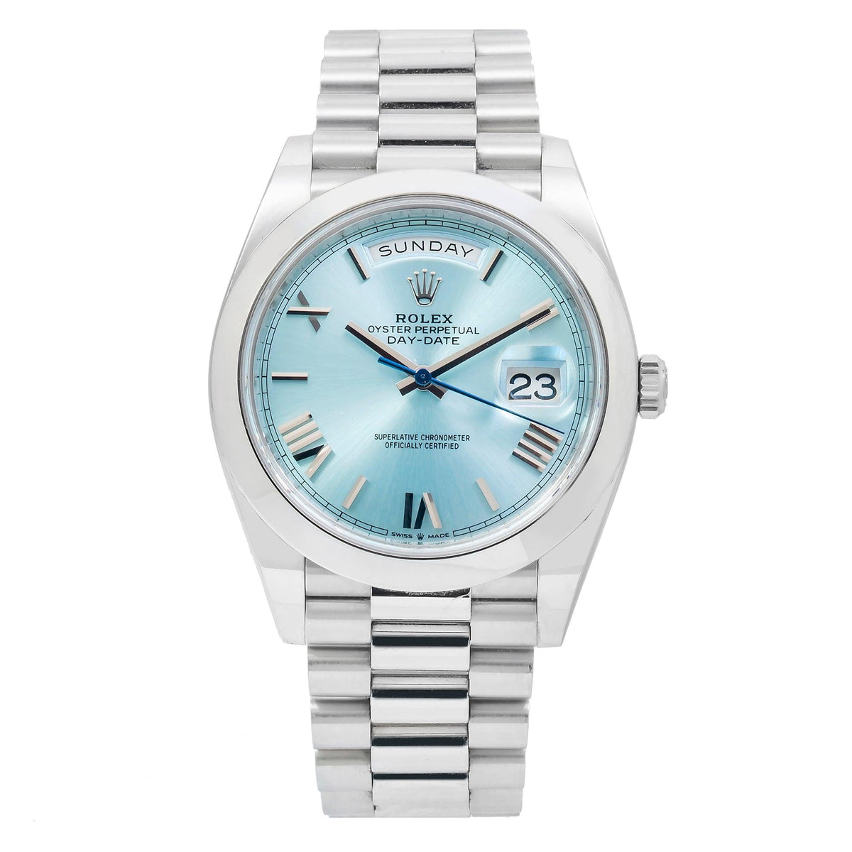 Pre-Owned Rolex Day-Date 40MM 228206 Ice Blue Roman Dial Platinum Smooth Bezel Platinum President Bracelet