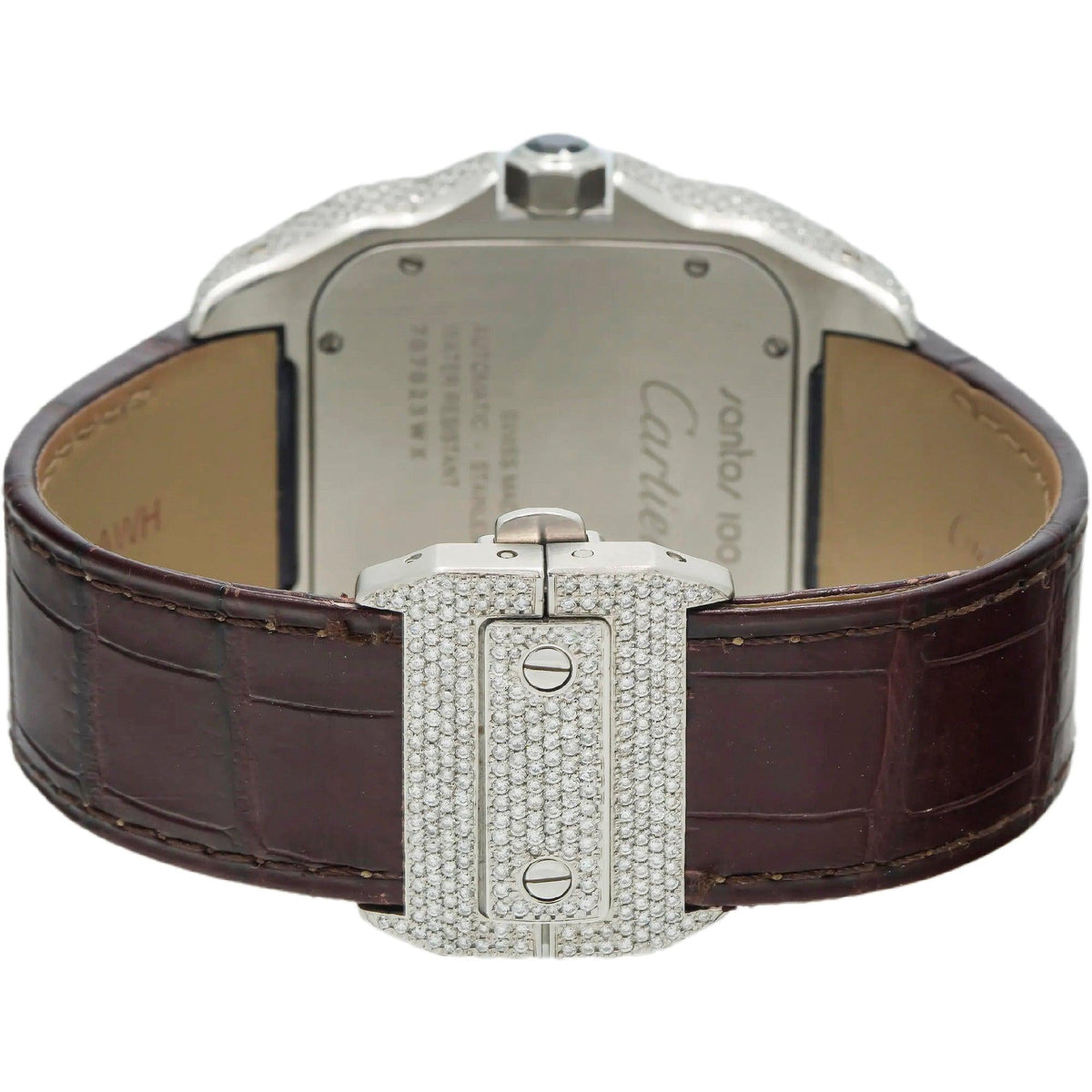 Pre-Owned Cartier Santos 100 38MM W20073X8 Champagne Roman Dial Diamond Bezel Brown Leather Strap 11.35ct