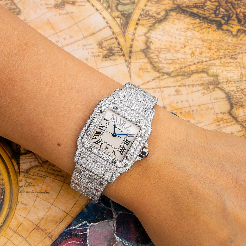 Pre-Owned Cartier Santos Galbée 29MM 1564 Silver Roman Dial Diamond Bezel Stainless Steel Full Diamond Bracelet