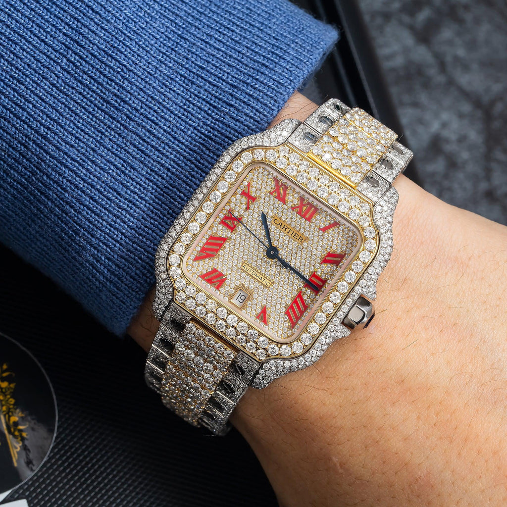 Pre-Owned Cartier Santos 39.8MM WSSA0018 Diamond Paved Champagne Roman Dial Yellow Gold Diamond Bezel Two Tone Yellow Gold Full Diamond Bracelet 18.75ct