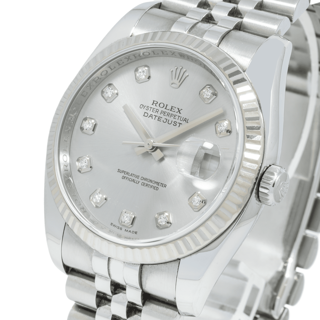 Pre-Owned Rolex Datejust 36MM 116234 Silver Diamond Dial Fluted Bezel Stainless Steel Jubilee Bracelet