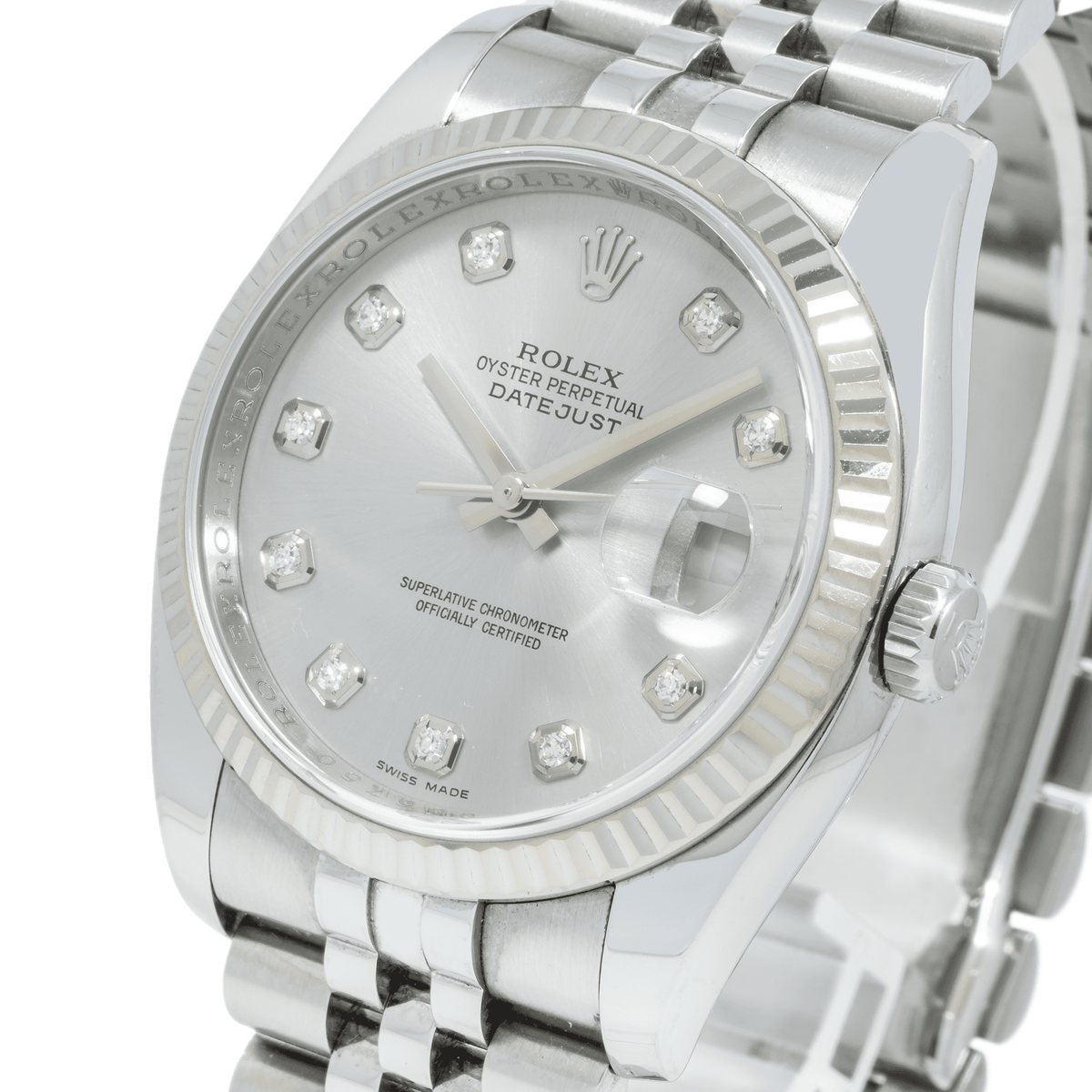 Pre-Owned Rolex Datejust 36MM 116234 Silver Diamond Dial Fluted Bezel Stainless Steel Jubilee Bracelet