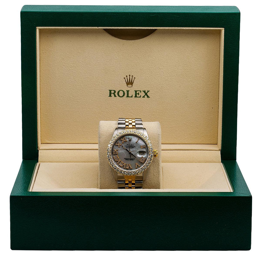 Pre-Owned Rolex Datejust 36MM 16013 Mother of Pearl Roman Diamond Dial Diamond Bezel Two Tone Yellow Gold Jubilee Bracelet 3.75ct