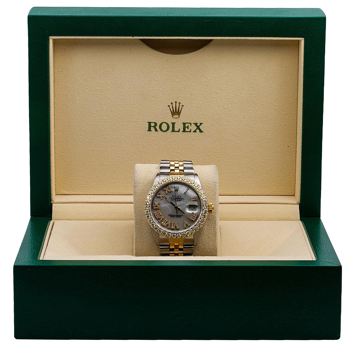 Pre-Owned Rolex Datejust 36MM 16013 Mother of Pearl Roman Diamond Dial Diamond Bezel Two Tone Yellow Gold Jubilee Bracelet 3.75ct