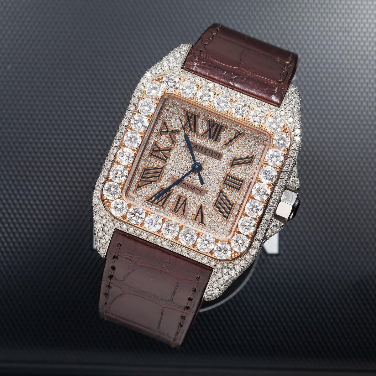 Pre-Owned Cartier Santos 100 38MM W20073X8 Champagne Roman Dial Diamond Bezel Brown Leather Strap 11.35ct