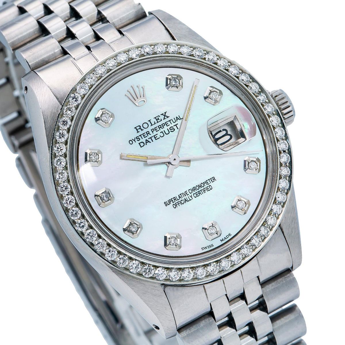 Pre-Owned Rolex Datejust 36MM 1601 White Mother of Pearl Diamond Dial Diamond Bezel Stainless Steel Jubilee Bracelet 1.1ct