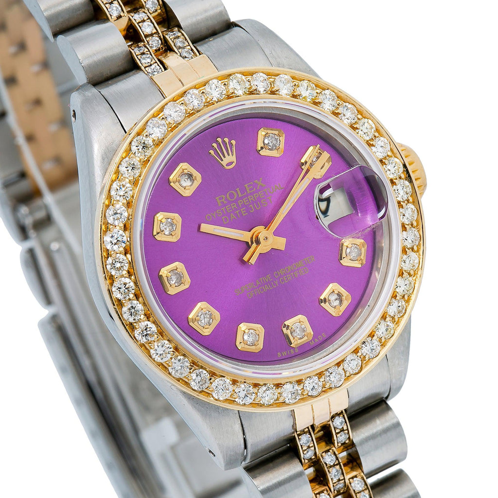 Pre-Owned Rolex Datejust 26MM 6917 Purple Diamond Dial Diamond Bezel Two Tone Yellow Gold Semi Diamond Jubilee Bracelet