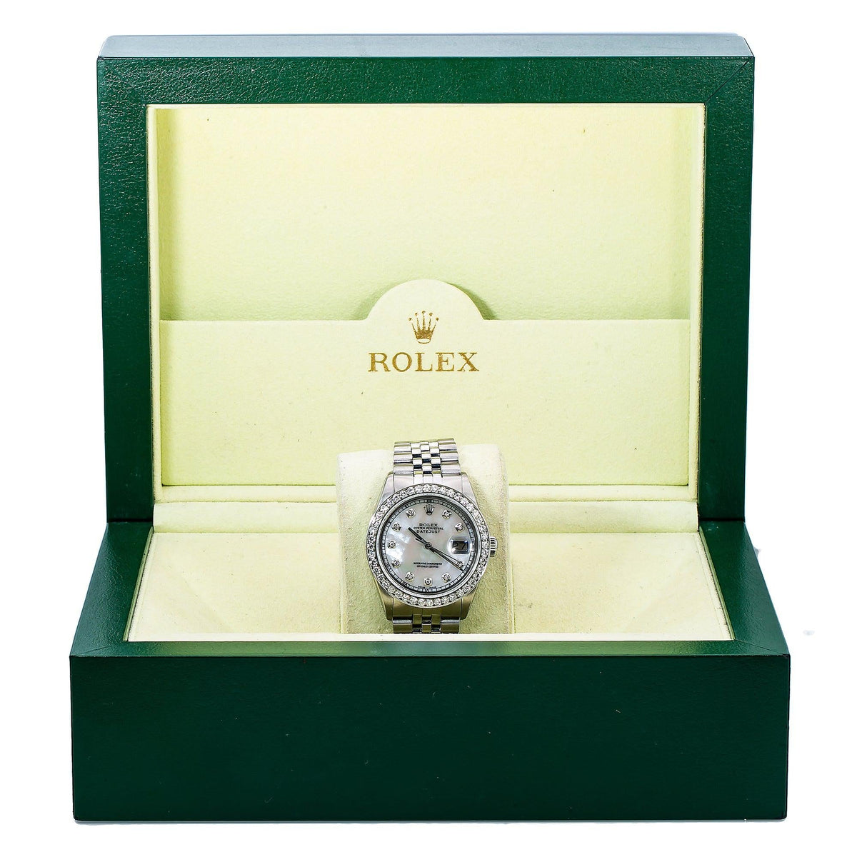 Pre-Owned Rolex Datejust 36MM 1601 White Mother of Pearl Diamond Dial Diamond Bezel Stainless Steel Jubilee Bracelet 1.25ct