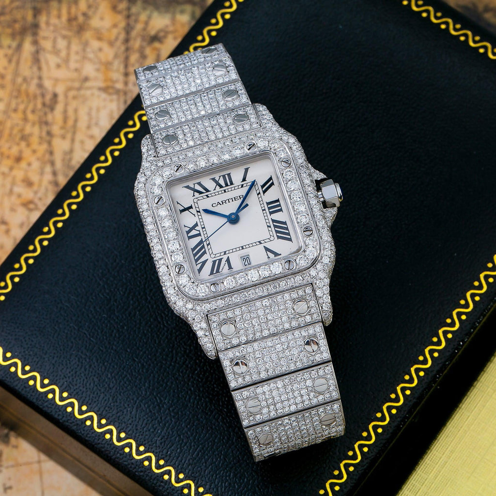 Pre-Owned Cartier Santos Galbée 29MM 1564 Silver Roman Dial Diamond Bezel Stainless Steel Full Diamond Bracelet