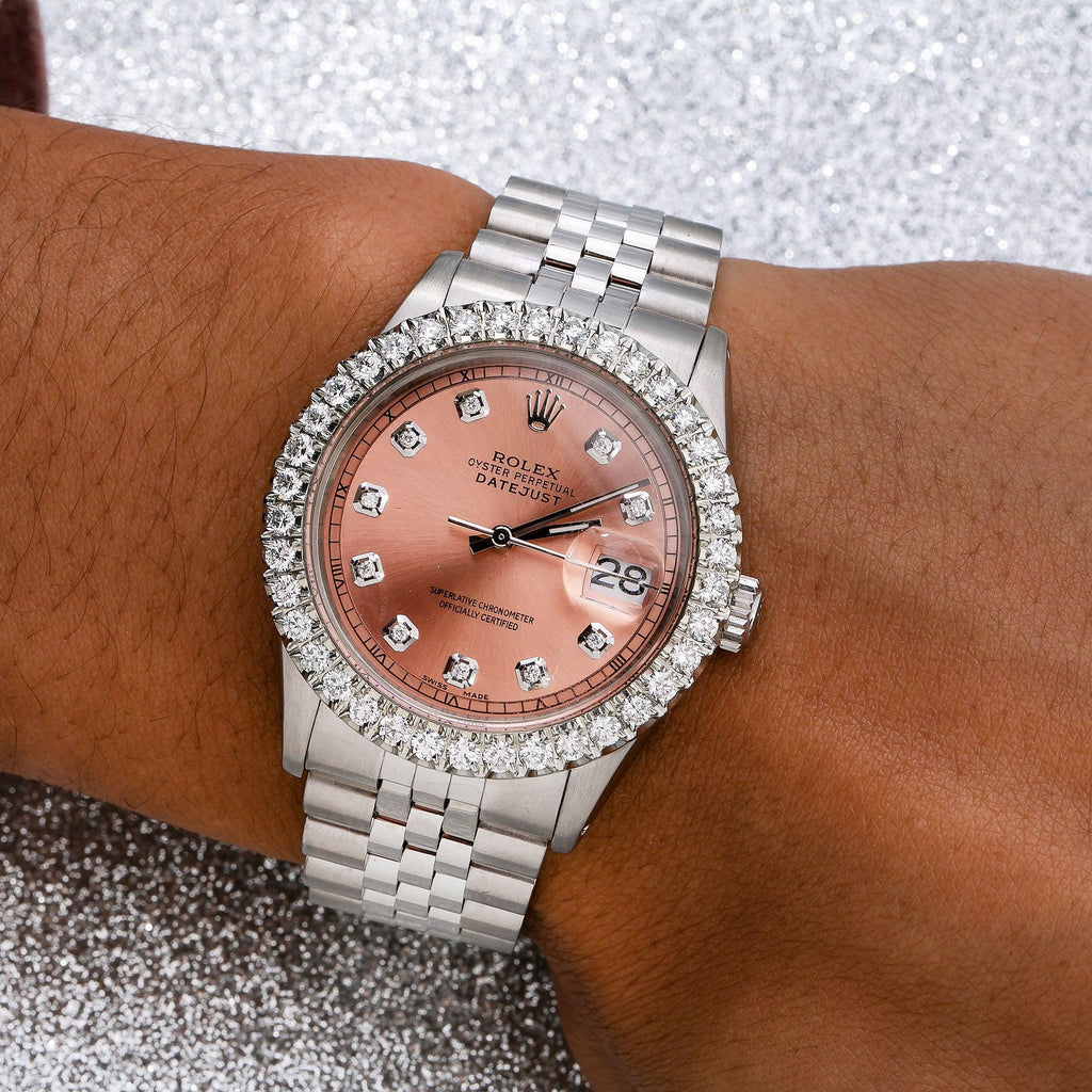Pre-Owned Rolex Datejust 36MM 1601 Everose Diamond Dial Diamond Bezel Stainless Steel Jubilee Bracelet 2.75ct