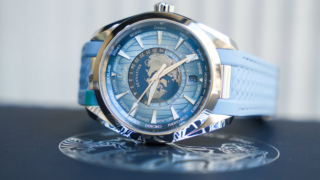 Pre-Owned Omega Seamaster Aqua Terra 150M Coâ€‘Axial Master Chronometer GMT Worldtimer 43mm â€“ Summer Blue