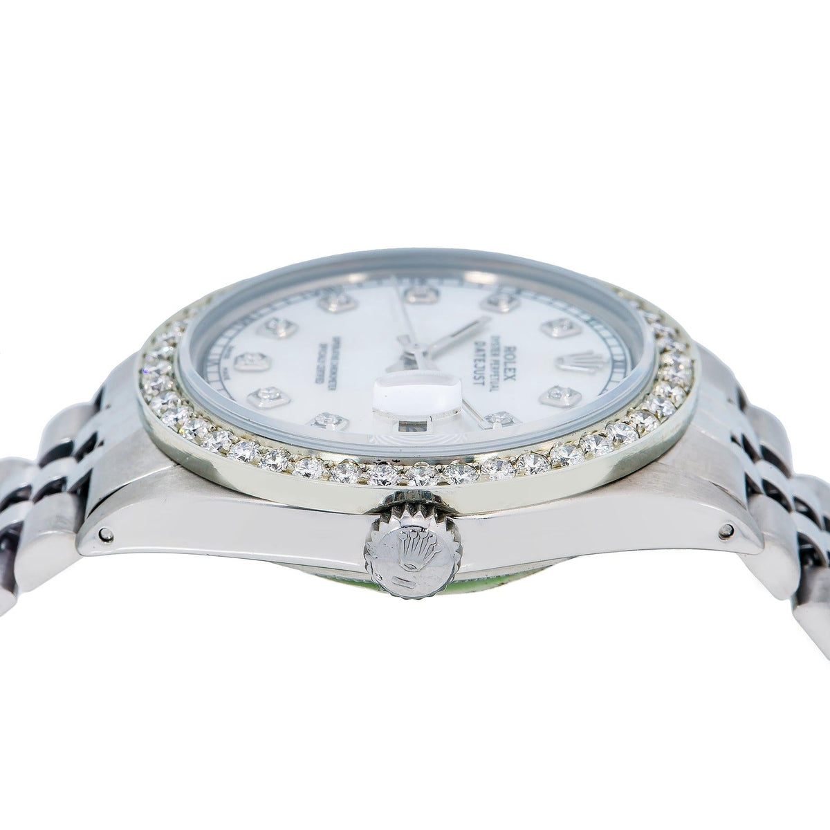 Pre-Owned Rolex Datejust 36MM 1601 White Mother of Pearl Diamond Dial Diamond Bezel Stainless Steel Jubilee Bracelet 1.25ct