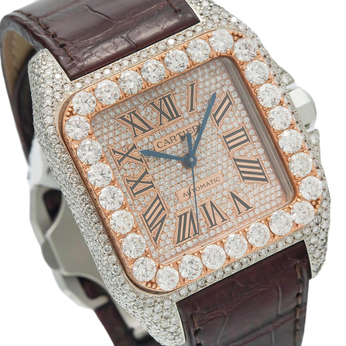 Pre-Owned Cartier Santos 100 38MM W20073X8 Champagne Roman Dial Diamond Bezel Brown Leather Strap 11.35ct