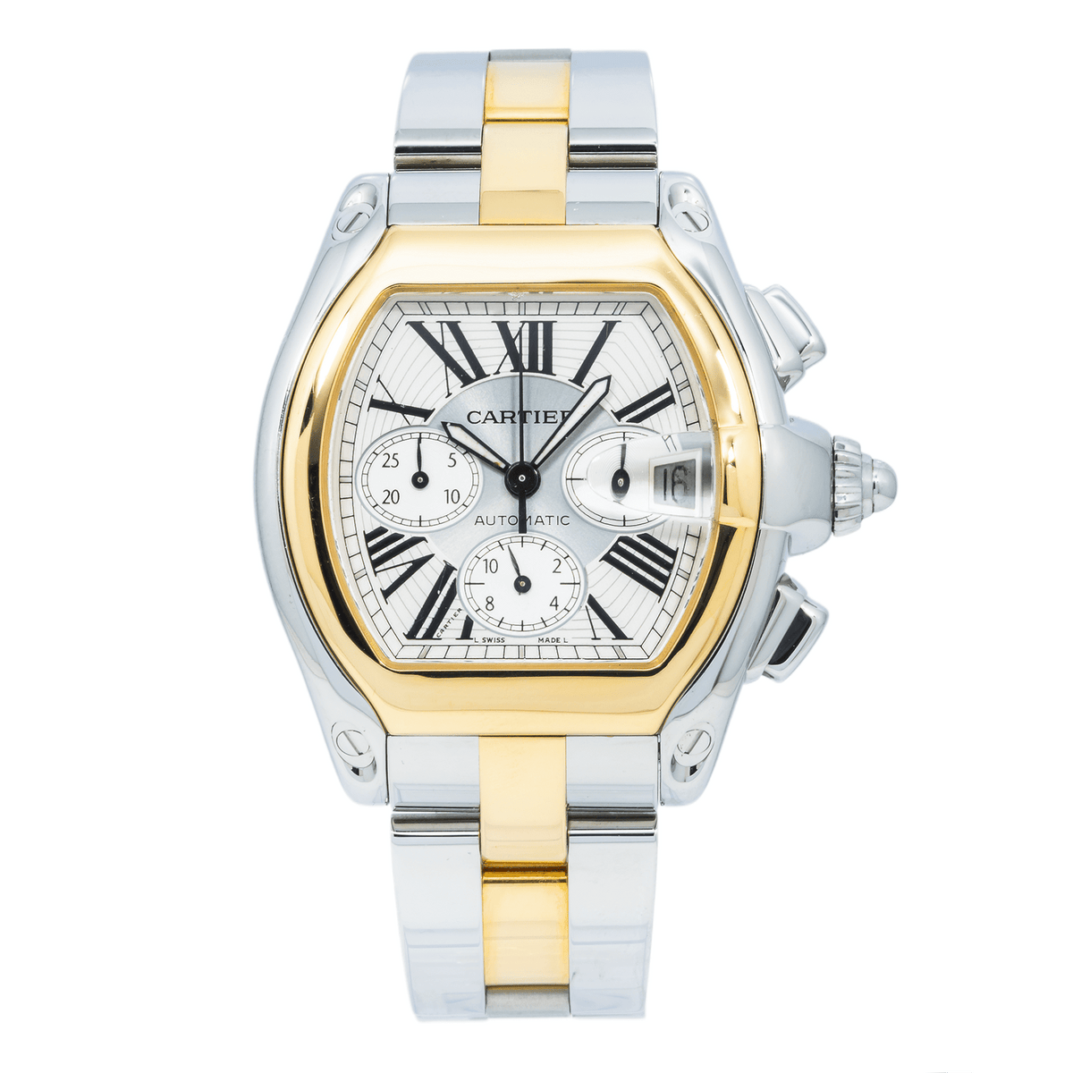 Pre-Owned Cartier Roadster XL 43MM W62027Z1 Silver Roman Dial Yellow Gold Bezel Two Tone Yellow Gold Bracelet