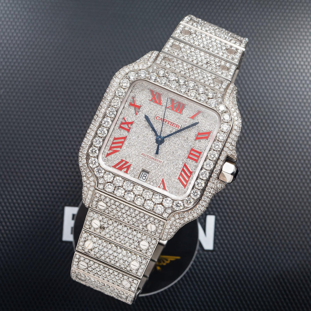 Pre-Owned Cartier Santos 35.1MM WSSA0029 Diamond Paved Roman Dial Diamond Bezel Stainless Steel Full Diamond Bracelet
