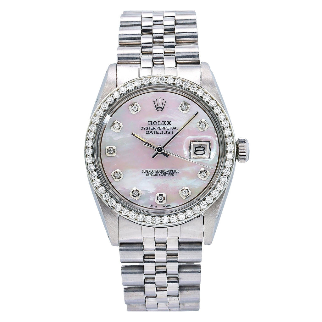 Pre-Owned Rolex Datejust 36MM 1601 White Mother of Pearl Diamond Dial Diamond Bezel Stainless Steel Jubilee Bracelet 1.1ct