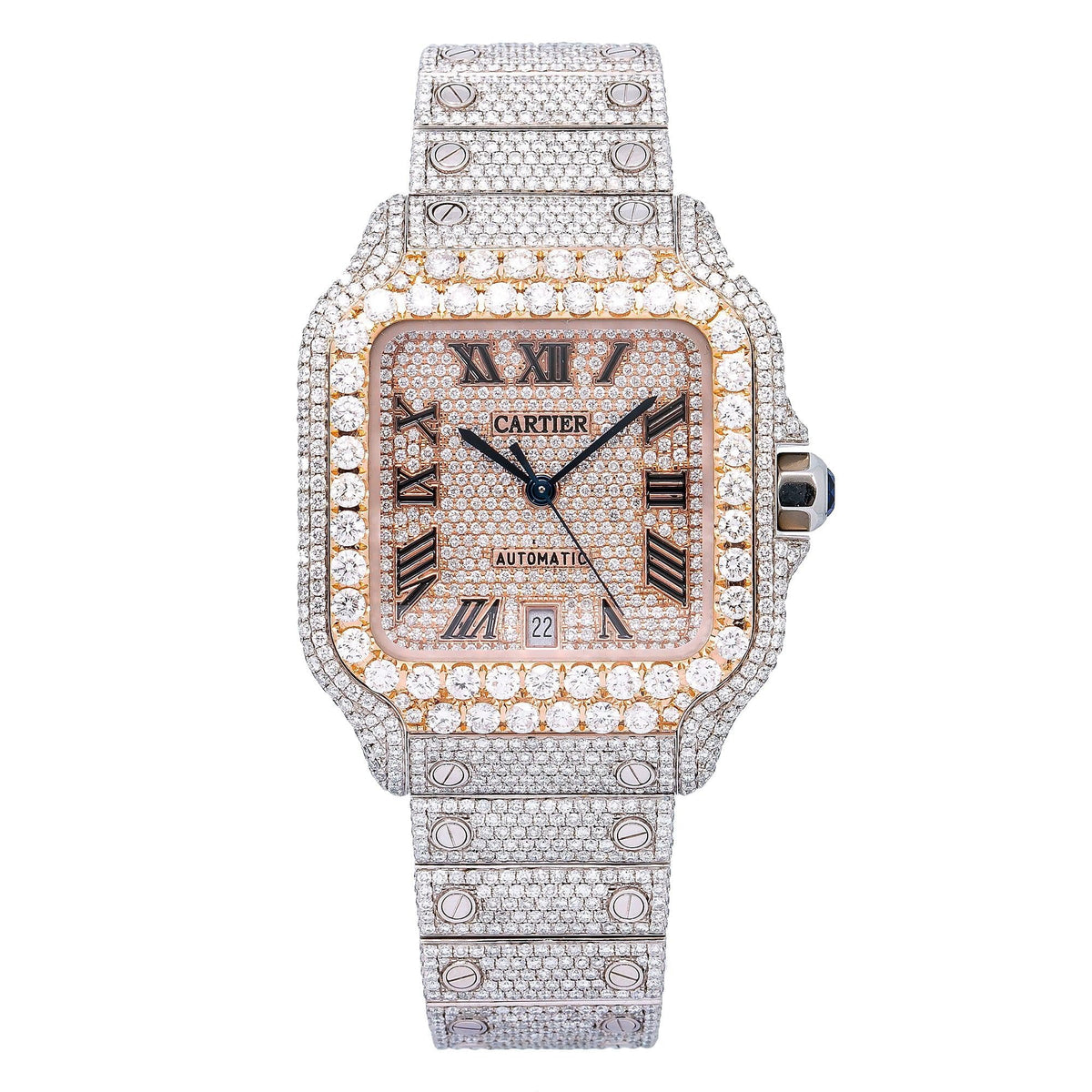 Pre-Owned Cartier Santos 39.8MM WSSA0018 Diamond Paved Rose Gold Roman Dial Rose Gold Diamond Bezel Stainless Steel Full Diamond Bracelet
