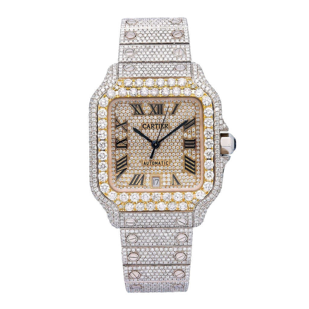 Pre-Owned Cartier Santos 39.8MM WSSA0018 Diamond Paved Champagne Roman Dial Yellow Gold Diamond Bezel Stainless Steel Full Diamond Bracelet 19.25ct