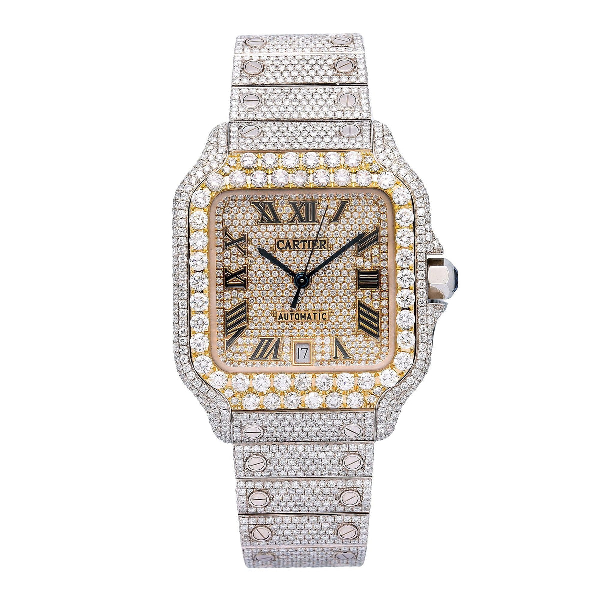 Pre-Owned Cartier Santos 39.8MM WSSA0018 Diamond Paved Champagne Roman Dial Yellow Gold Diamond Bezel Stainless Steel Full Diamond Bracelet 19.25ct