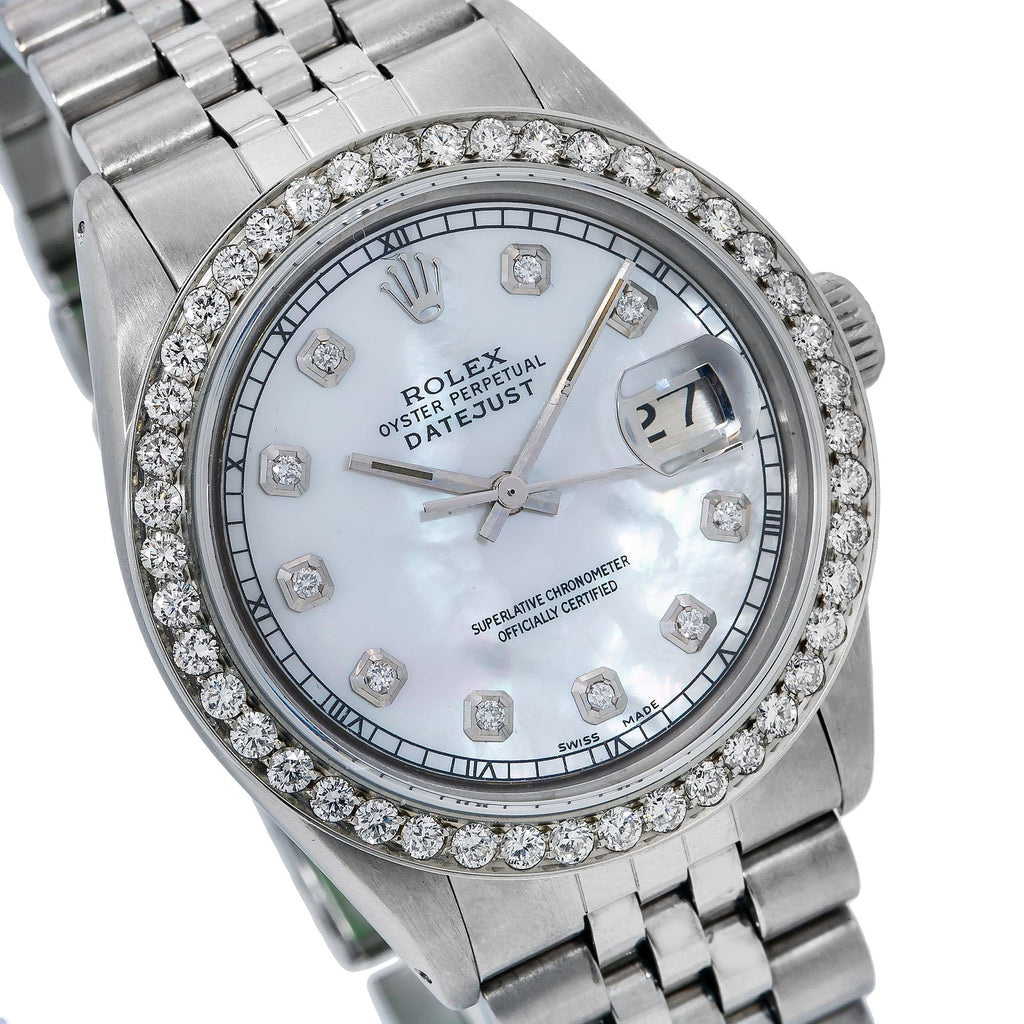 Pre-Owned Rolex Datejust 36MM 1601 White Mother of Pearl Diamond Dial Diamond Bezel Stainless Steel Jubilee Bracelet 1.25ct
