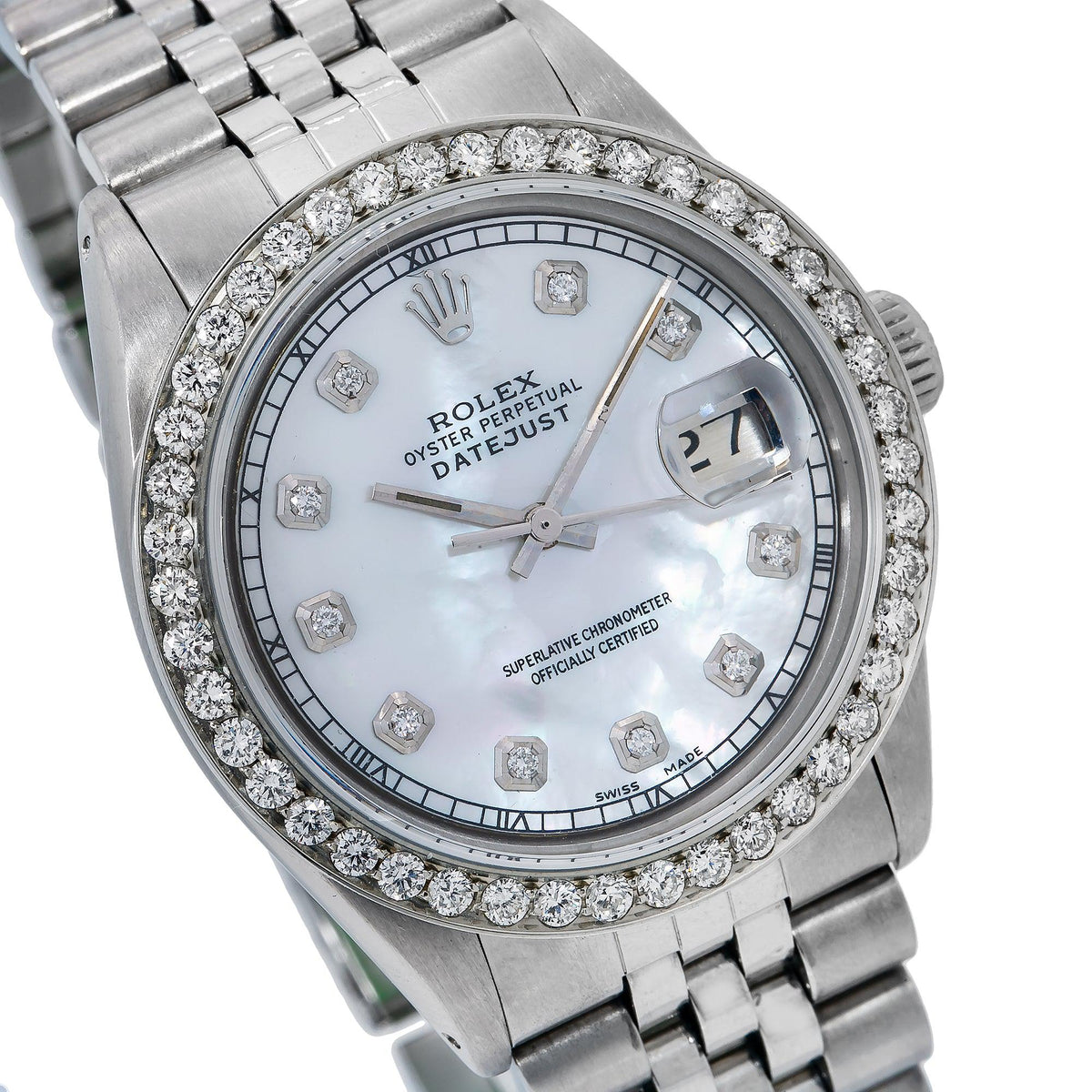Pre-Owned Rolex Datejust 36MM 1601 White Mother of Pearl Diamond Dial Diamond Bezel Stainless Steel Jubilee Bracelet 1.25ct