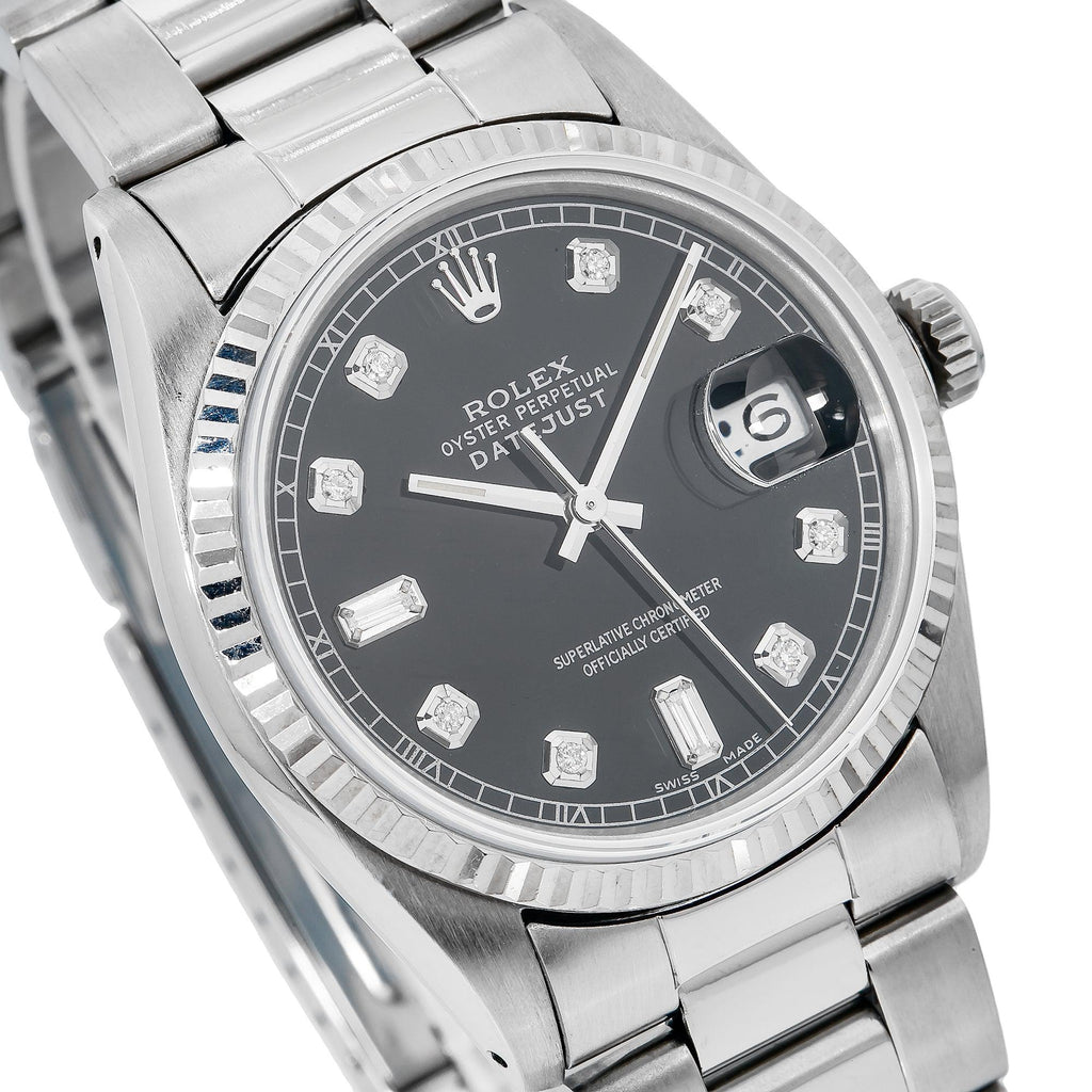 Pre-Owned Rolex Datejust 36MM 16234 Black Diamond Dial Fluted Bezel Stainless Steel Oyster Bracelet