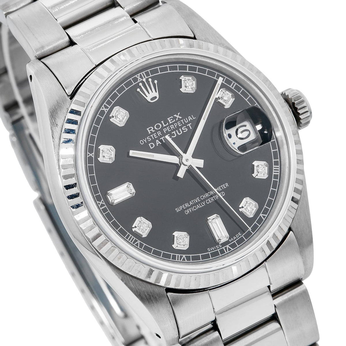 Pre-Owned Rolex Datejust 36MM 16234 Black Diamond Dial Fluted Bezel Stainless Steel Oyster Bracelet