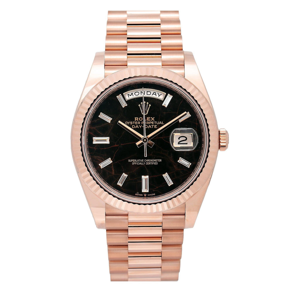 Pre-Owned Rolex Day-Date 40MM 228235 Black Baguette Diamond Dial Fluted Bezel 18K Rose Gold President Bracelet