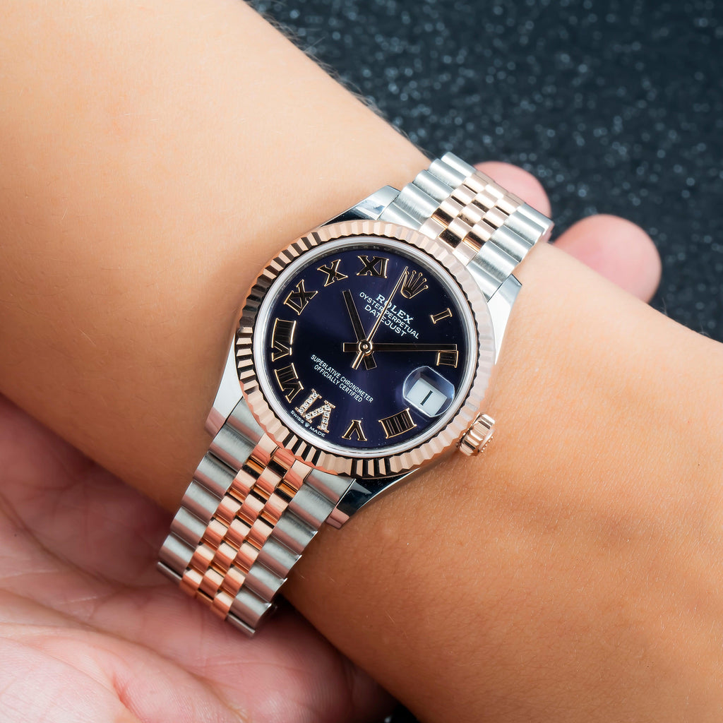 Pre-Owned Rolex Datejust 31MM 178271 Blue Roman Diamond Dial Fluted Bezel Two Tone Rose Gold Jubilee Bracelet