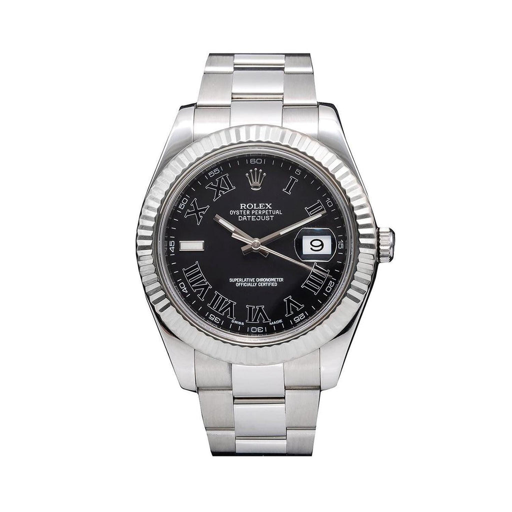 Pre-Owned Rolex Datejust 41MM 116334 Black Roman Dial Fluted Bezel Stainless Steel Oyster Bracelet