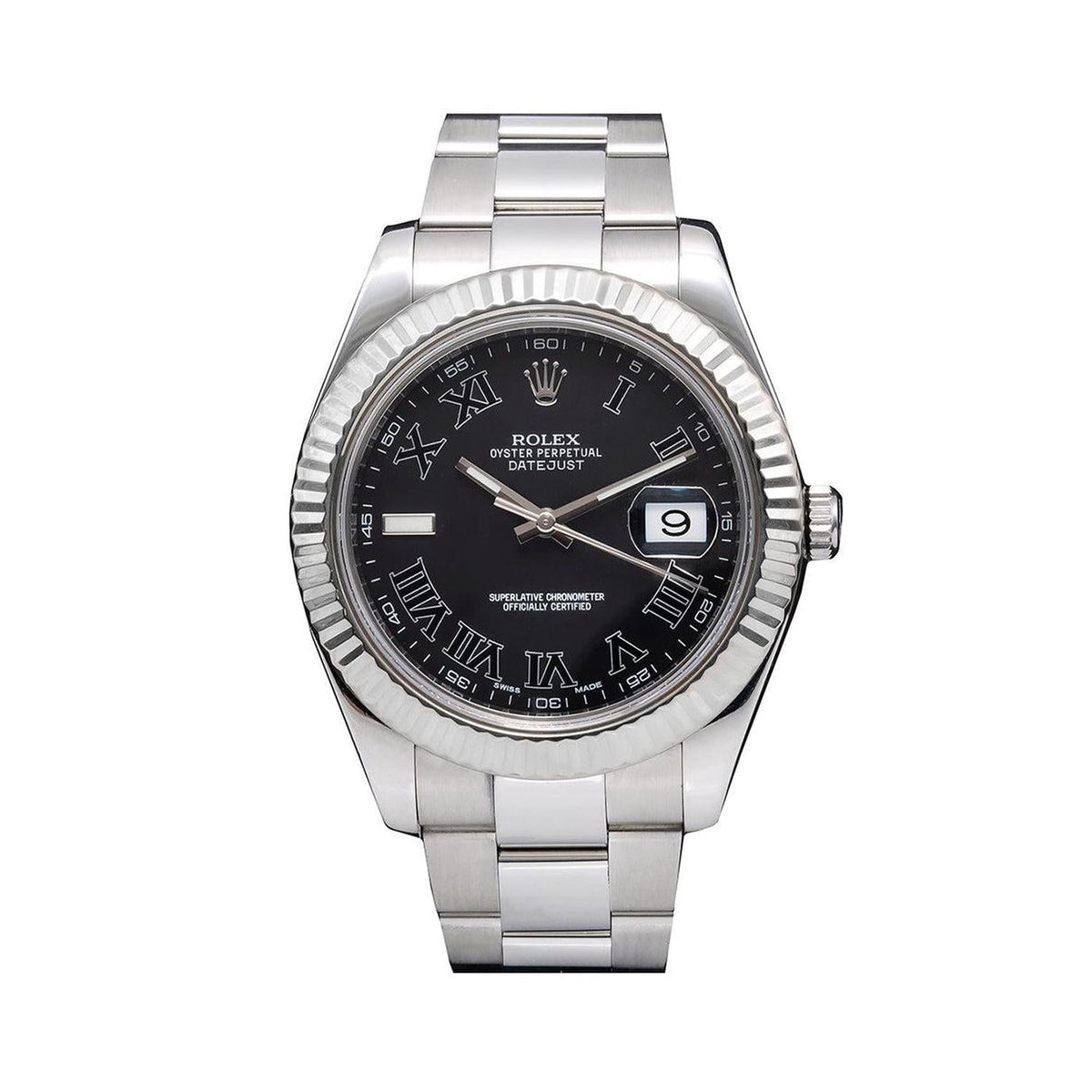 Pre-Owned Rolex Datejust 41MM 116334 Black Roman Dial Fluted Bezel Stainless Steel Oyster Bracelet