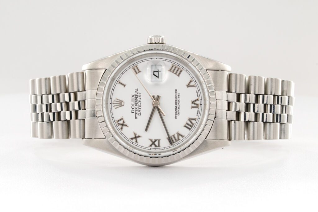 Pre-Owned Mens Rolex Stainless Steel Datejust Watch with White Roman Dial 16220