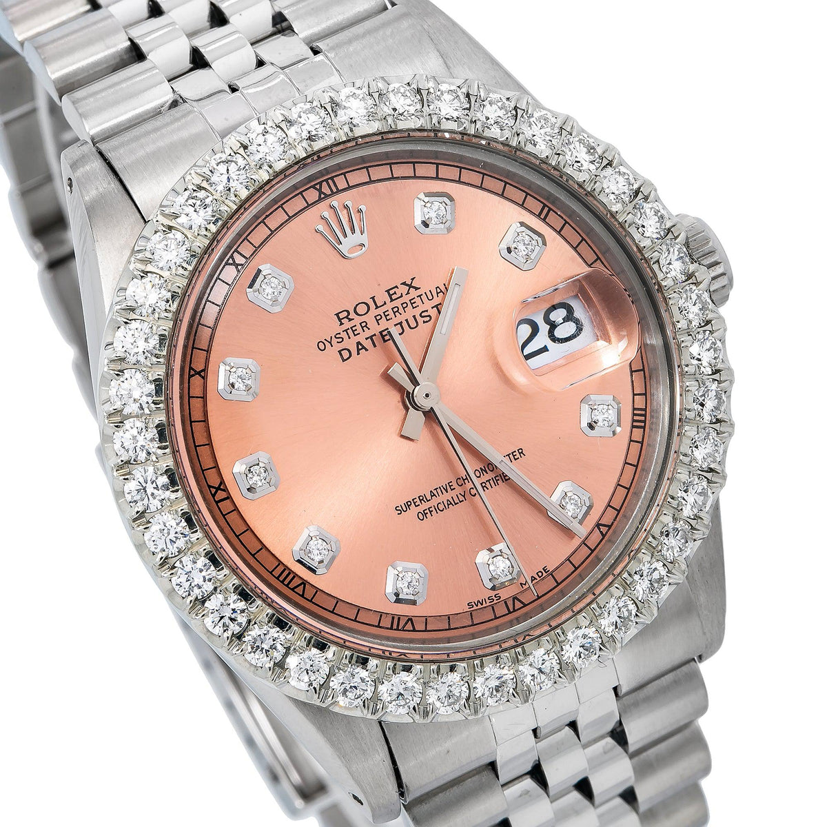 Pre-Owned Rolex Datejust 36MM 1601 Everose Diamond Dial Diamond Bezel Stainless Steel Jubilee Bracelet 2.75ct