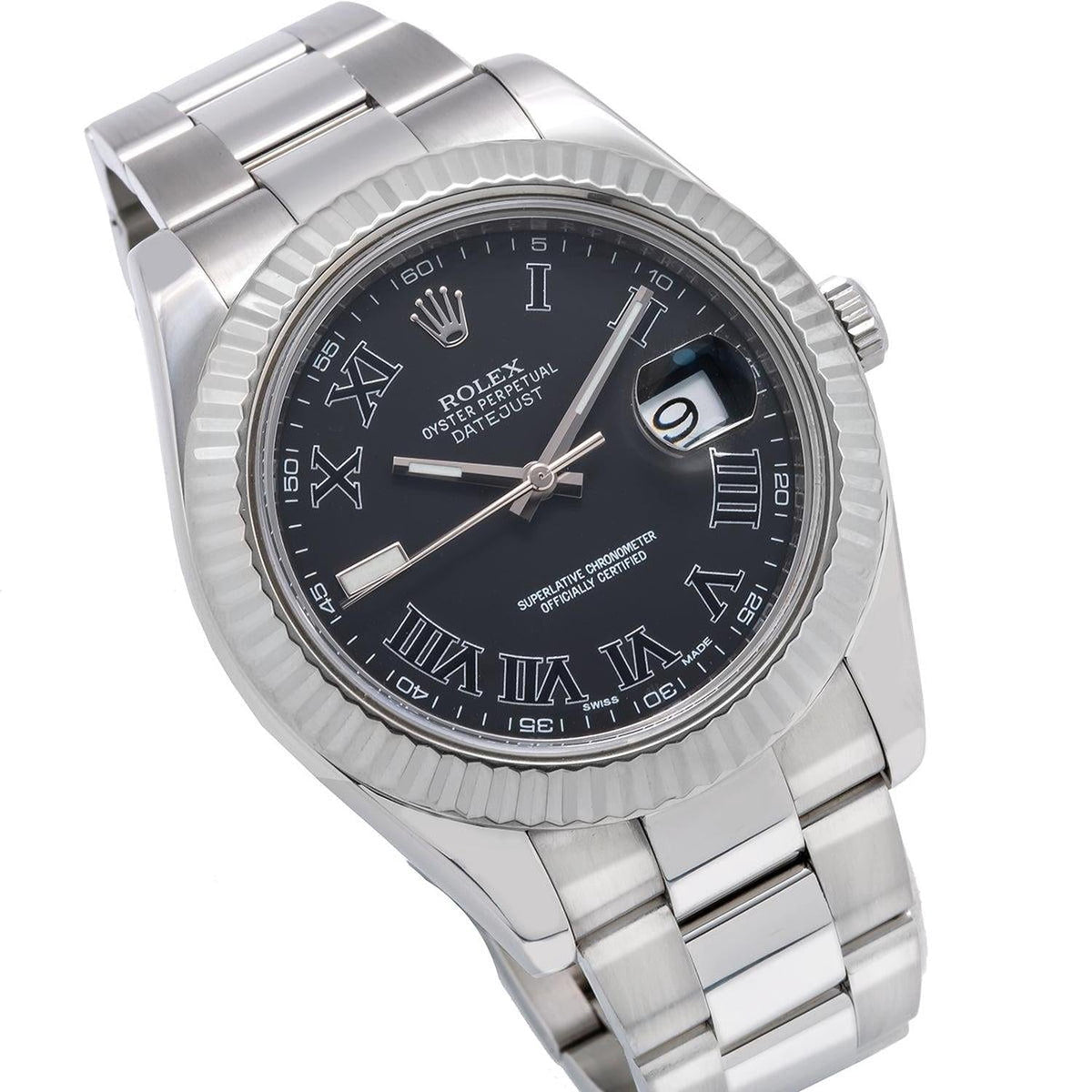Pre-Owned Rolex Datejust 41MM 116334 Black Roman Dial Fluted Bezel Stainless Steel Oyster Bracelet