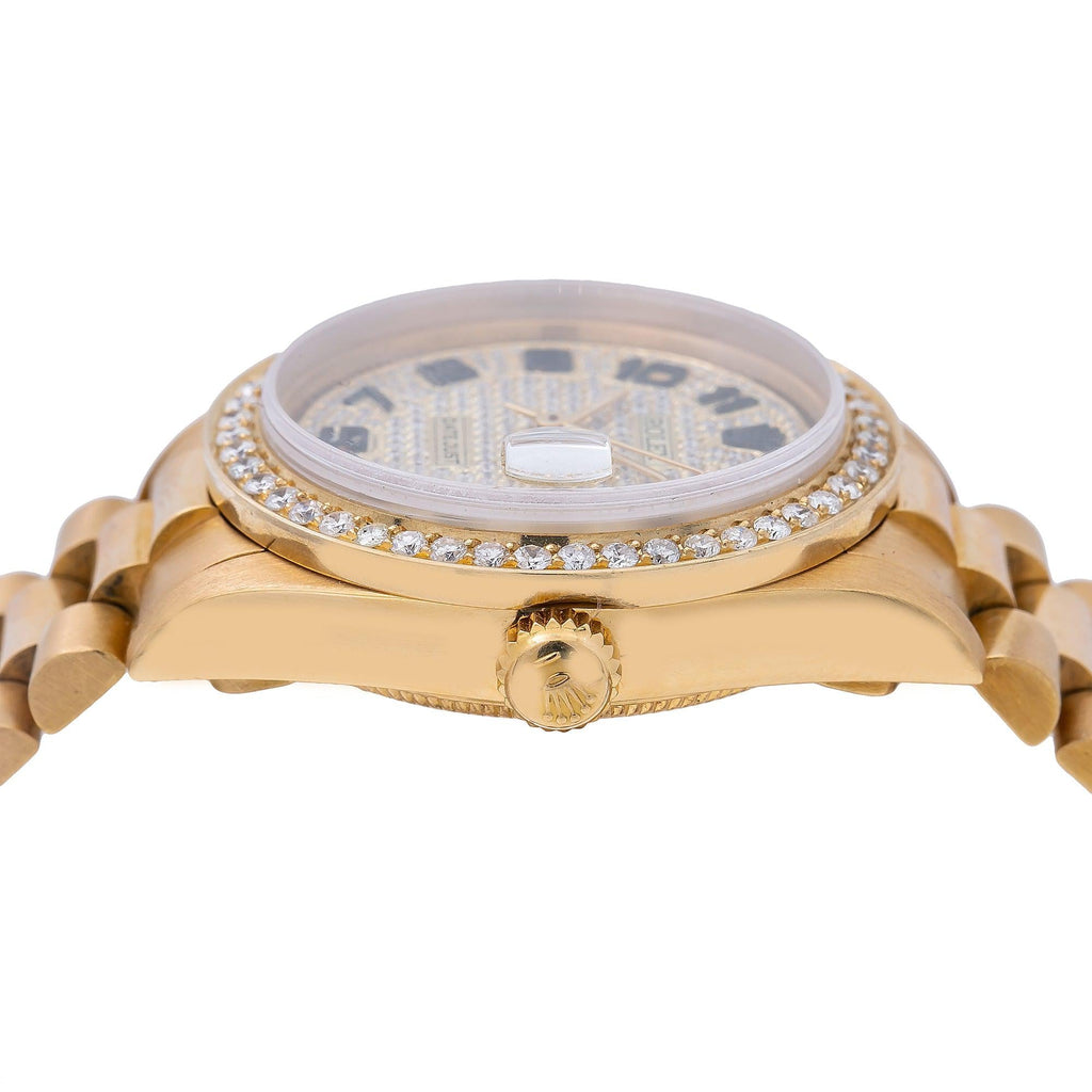 Pre-Owned Rolex Datejust 31MM 68278 Diamond Paved Arabic Dial Diamond Bezel 18K Yellow Gold President Bracelet 2.5ct