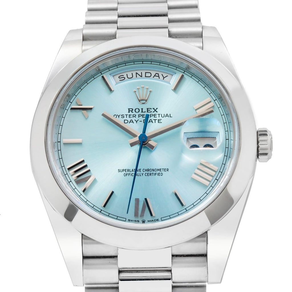 Pre-Owned Rolex Day-Date 40MM 228206 Ice Blue Roman Dial Platinum Smooth Bezel Platinum President Bracelet