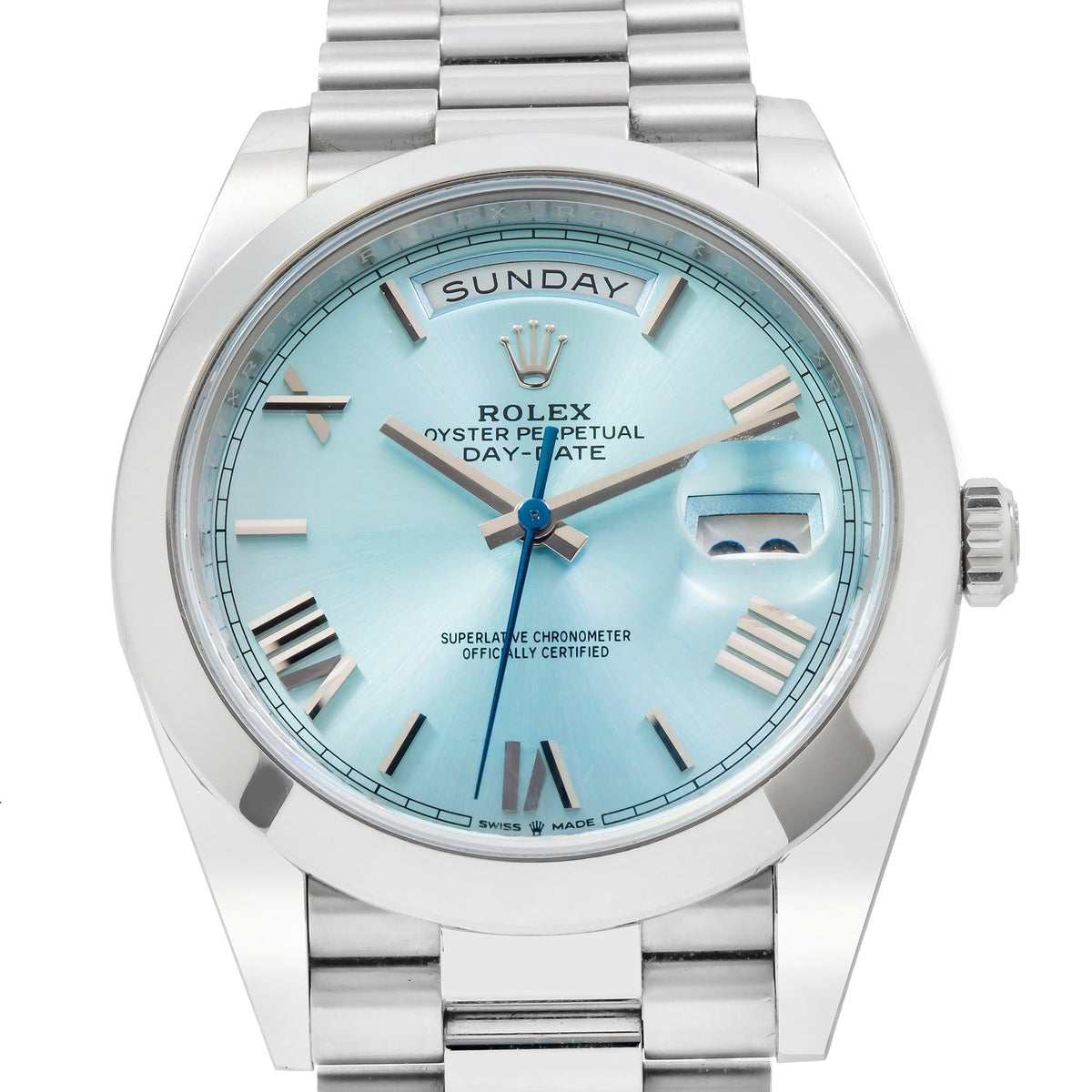 Pre-Owned Rolex Day-Date 40MM 228206 Ice Blue Roman Dial Platinum Smooth Bezel Platinum President Bracelet