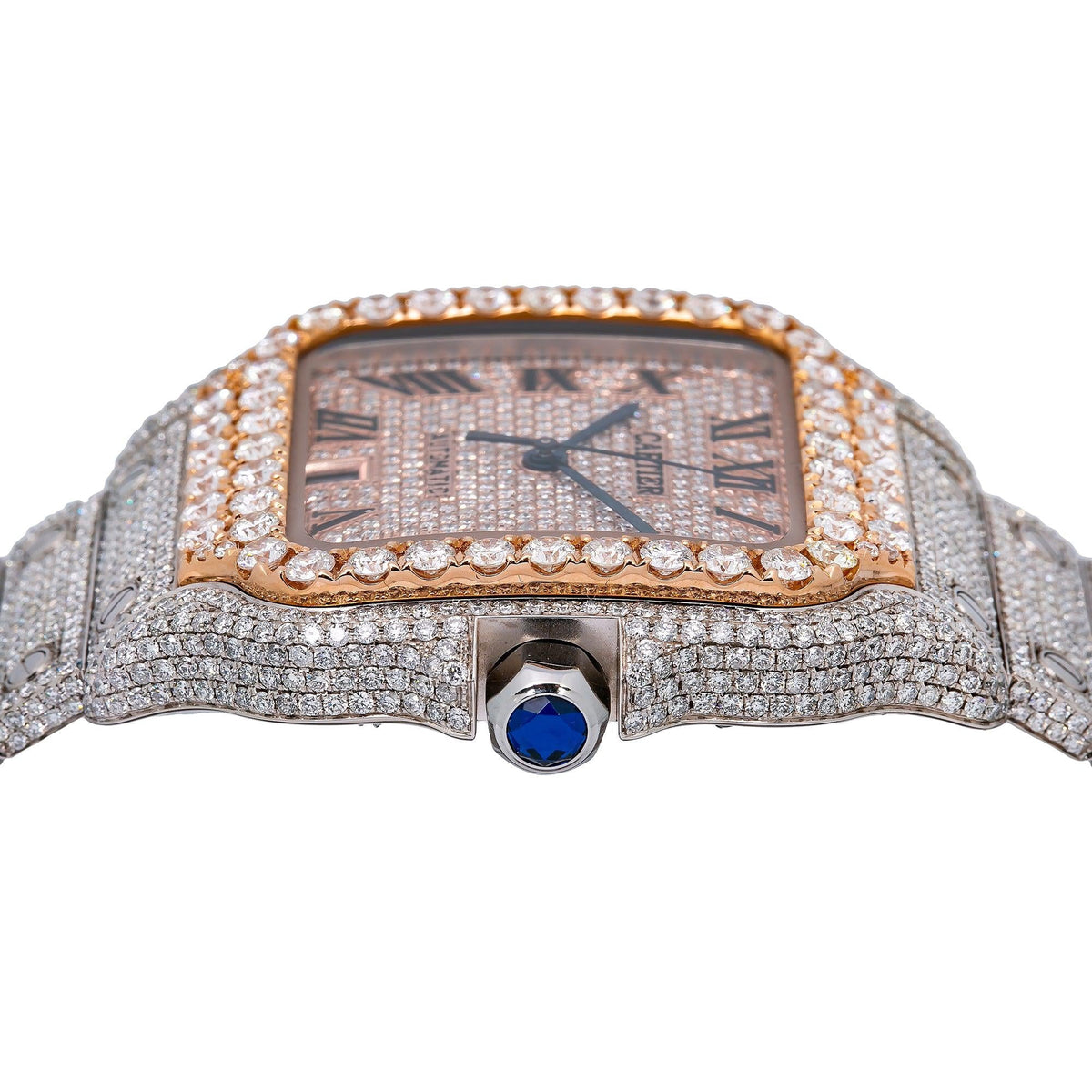 Pre-Owned Cartier Santos 39.8MM WSSA0018 Diamond Paved Rose Gold Roman Dial Rose Gold Diamond Bezel Stainless Steel Full Diamond Bracelet