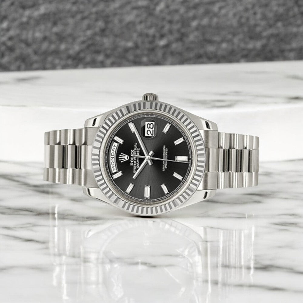 Pre-Owned Rolex White Gold Day-Date 40 Watch Black Baguette Diamond Dial - President Bracelet