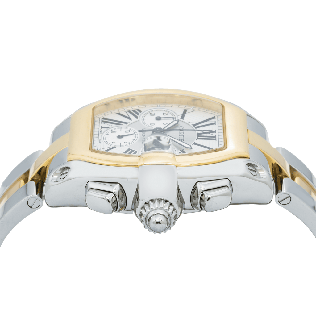 Pre-Owned Cartier Roadster XL 43MM W62027Z1 Silver Roman Dial Yellow Gold Bezel Two Tone Yellow Gold Bracelet