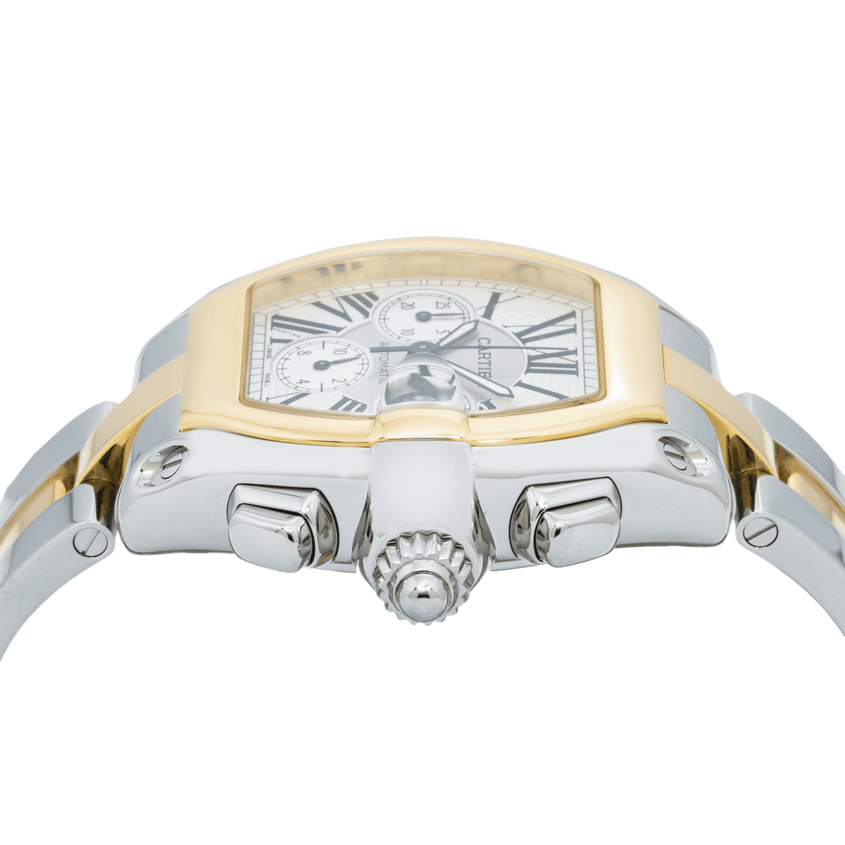 Pre-Owned Cartier Roadster XL 43MM W62027Z1 Silver Roman Dial Yellow Gold Bezel Two Tone Yellow Gold Bracelet
