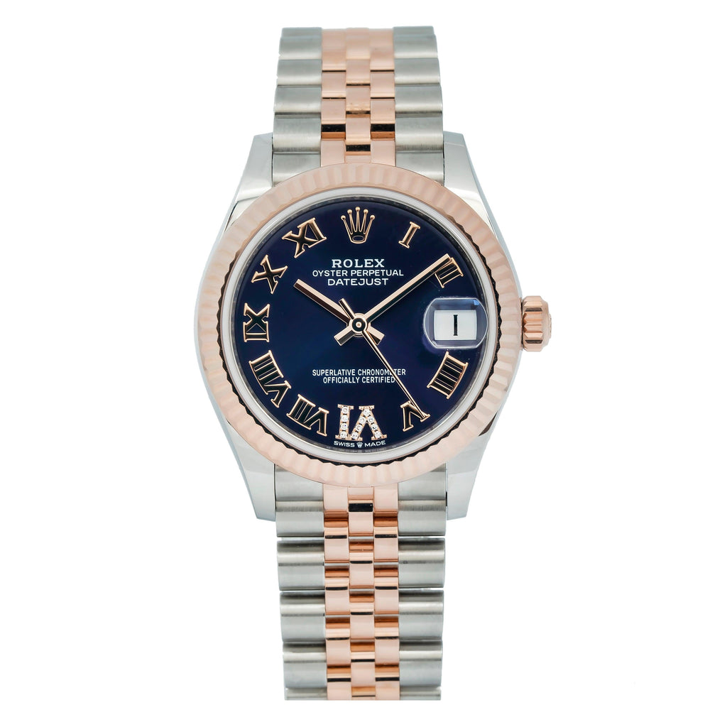 Pre-Owned Rolex Datejust 31MM 178271 Blue Roman Diamond Dial Fluted Bezel Two Tone Rose Gold Jubilee Bracelet