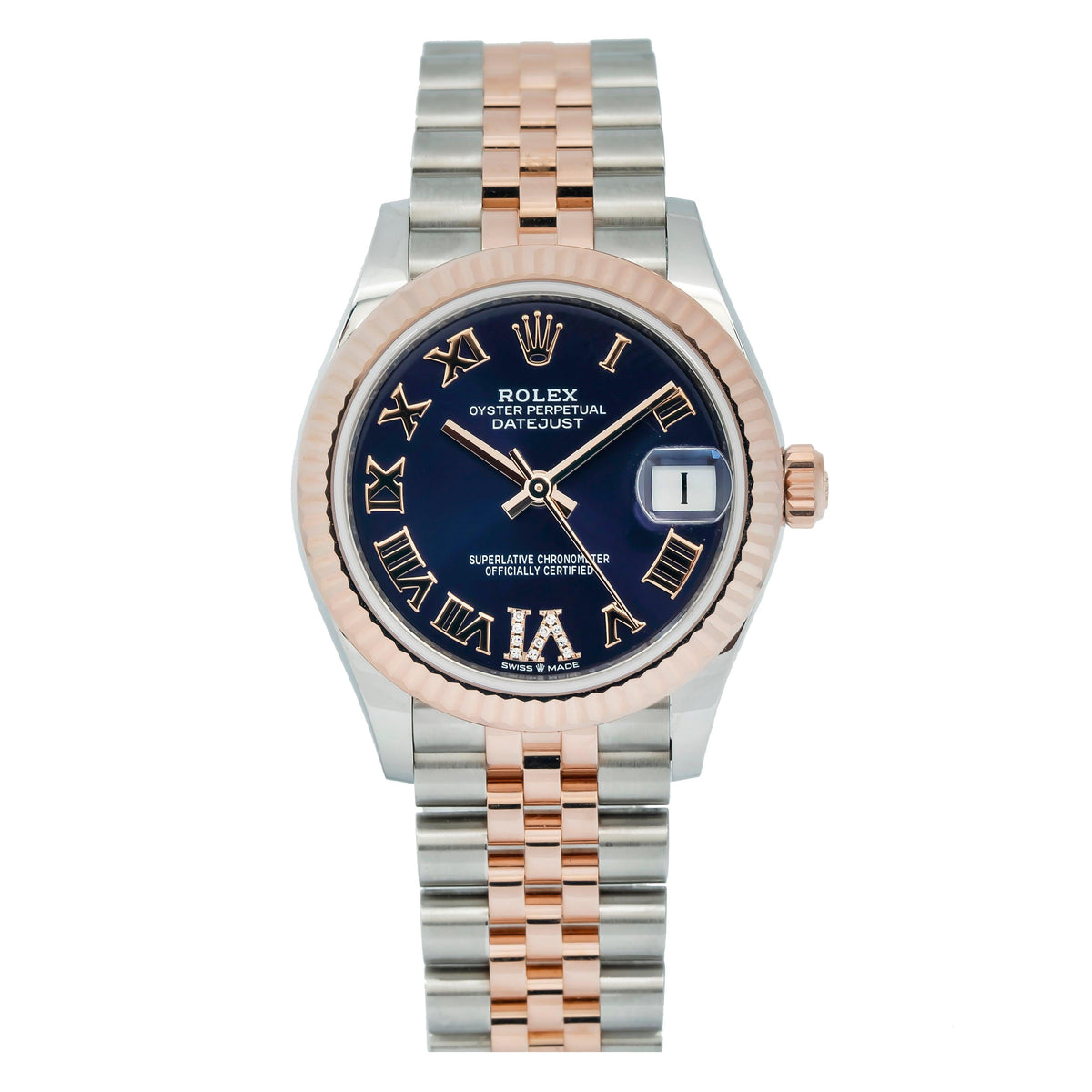 Pre-Owned Rolex Datejust 31MM 178271 Blue Roman Diamond Dial Fluted Bezel Two Tone Rose Gold Jubilee Bracelet