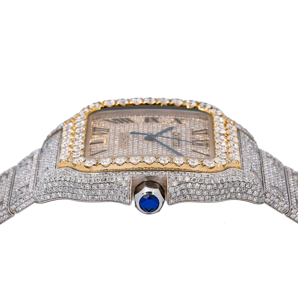 Pre-Owned Cartier Santos 39.8MM WSSA0018 Diamond Paved Champagne Roman Dial Yellow Gold Diamond Bezel Stainless Steel Full Diamond Bracelet 19.25ct