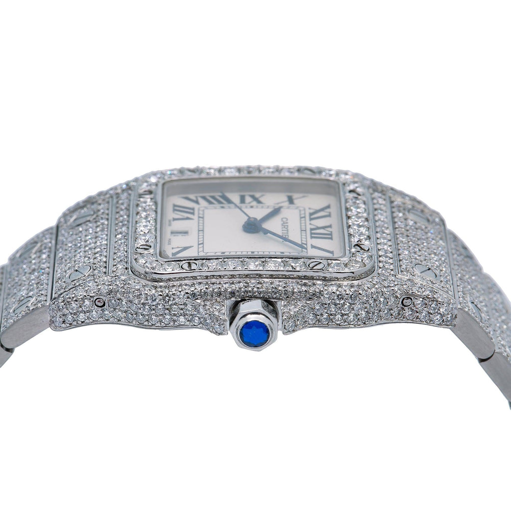 Pre-Owned Cartier Santos Galbée 29MM 1564 Silver Roman Dial Diamond Bezel Stainless Steel Full Diamond Bracelet