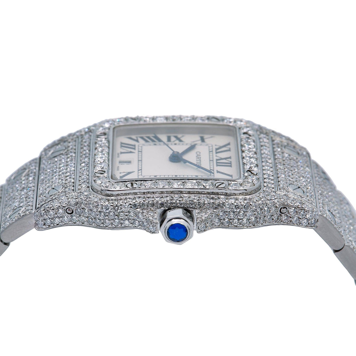 Pre-Owned Cartier Santos Galbée 29MM 1564 Silver Roman Dial Diamond Bezel Stainless Steel Full Diamond Bracelet