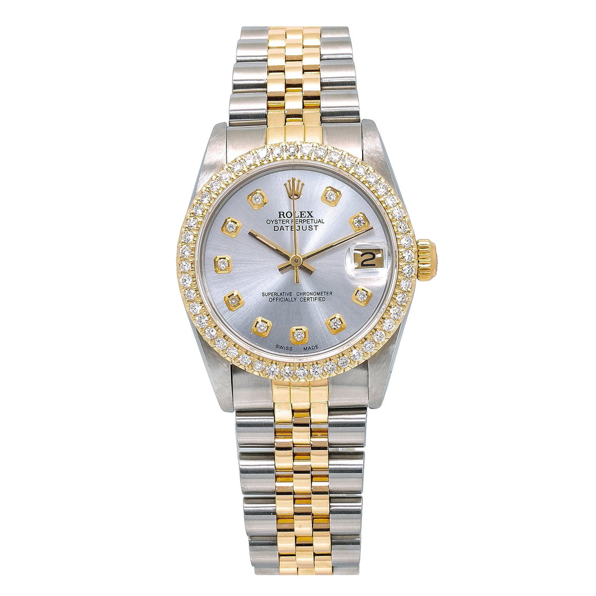 Pre-Owned Rolex Datejust 31MM 68273 Silver Diamond Dial Diamond Bezel Two Tone Yellow Gold Jubilee Bracelet